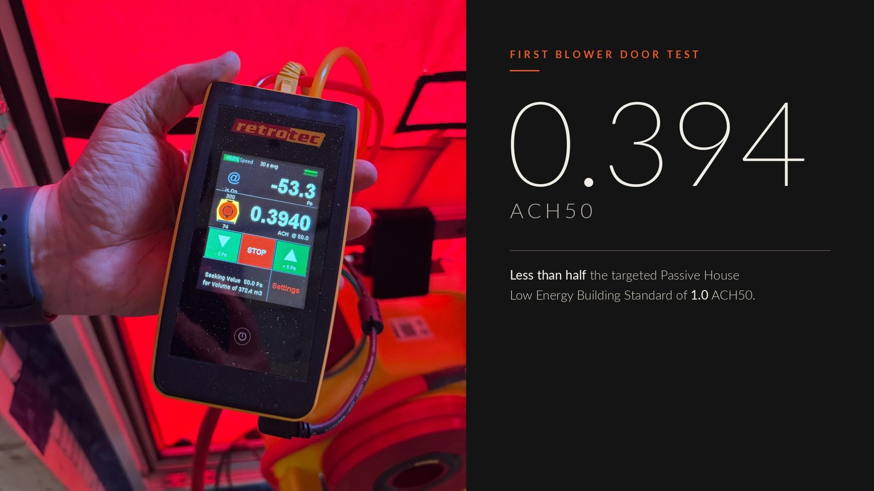 First blower door test result — 0.394 ACH50